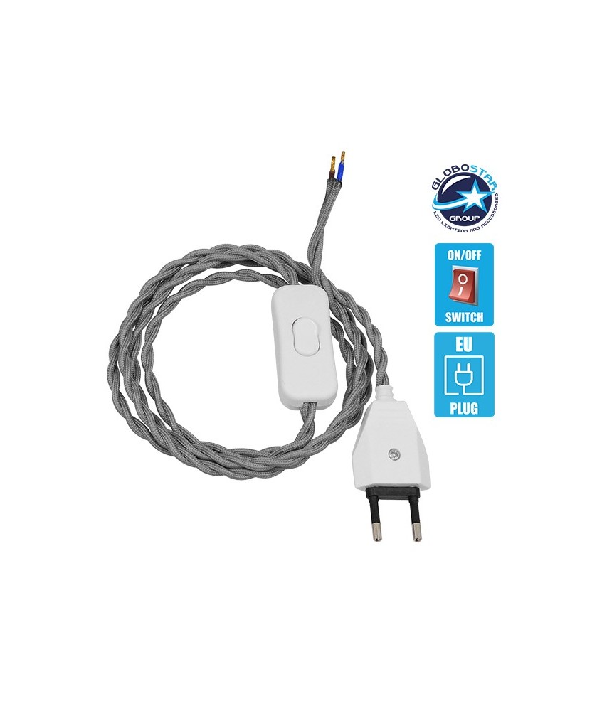 GLOBOSTAR® WHIP 91035 Μοντέρνο DIY Πλεκτό Καλώδιο με Διακόπτη On-Off AC 220-240V IP20 - Γκρι & Λευκό - Μ150 x Π2.7 x Υ1.9cm